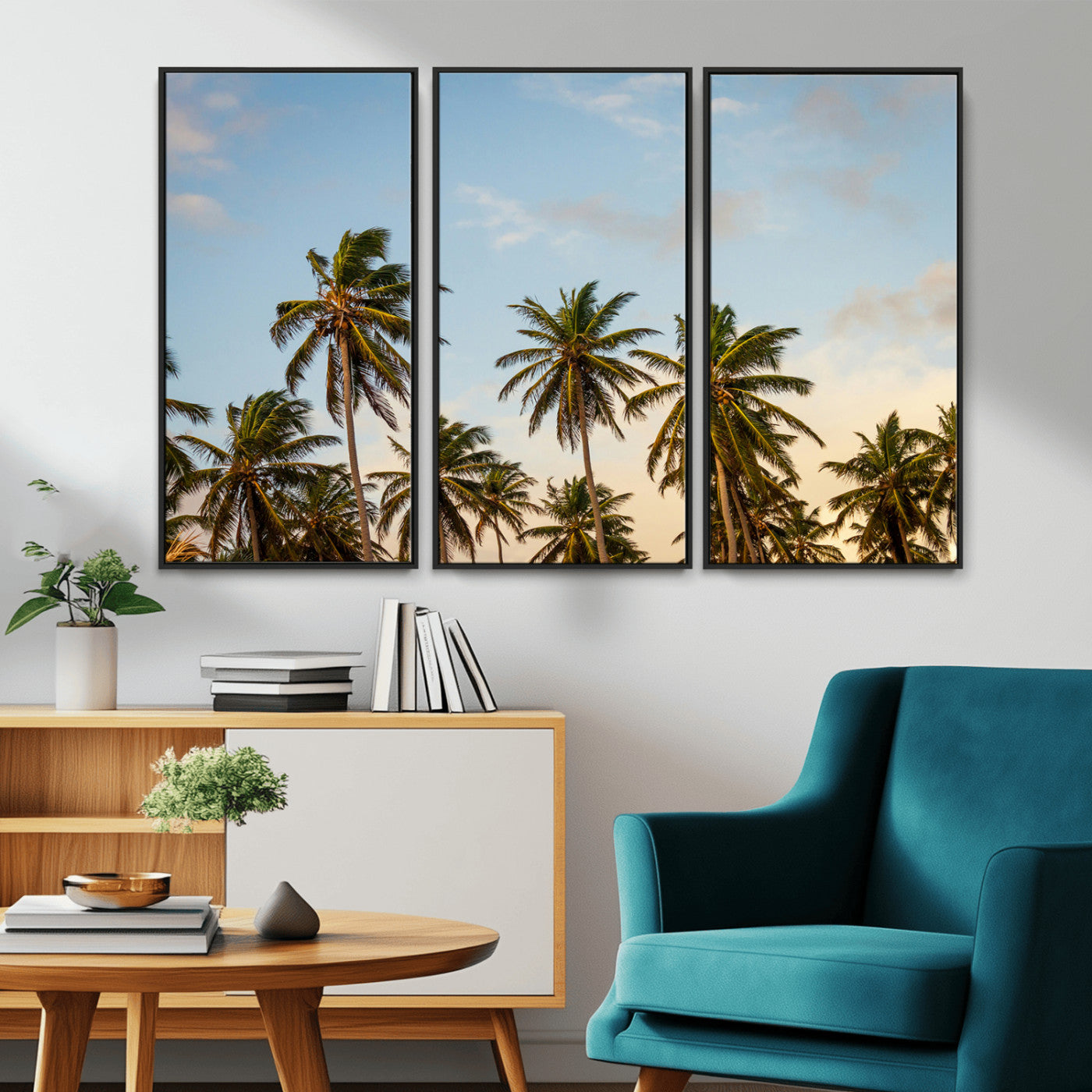 MGV-FC-48X32-3P - Palm Trees Wall Art Canvas Print, Framed Tropical Vibes Art Picture Print, Coastal Sunset Perfect Coastal Boho Decor Artwork