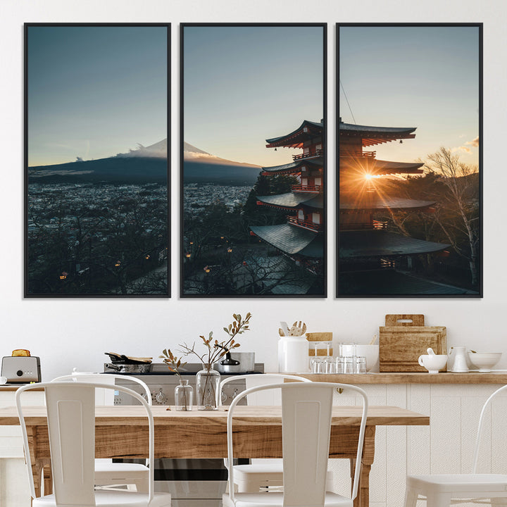 Chureito Pagoda at sunset with Mount Fuji in the background, city lights below, and golden sun rays, ideal for Japanese-inspired wall art.