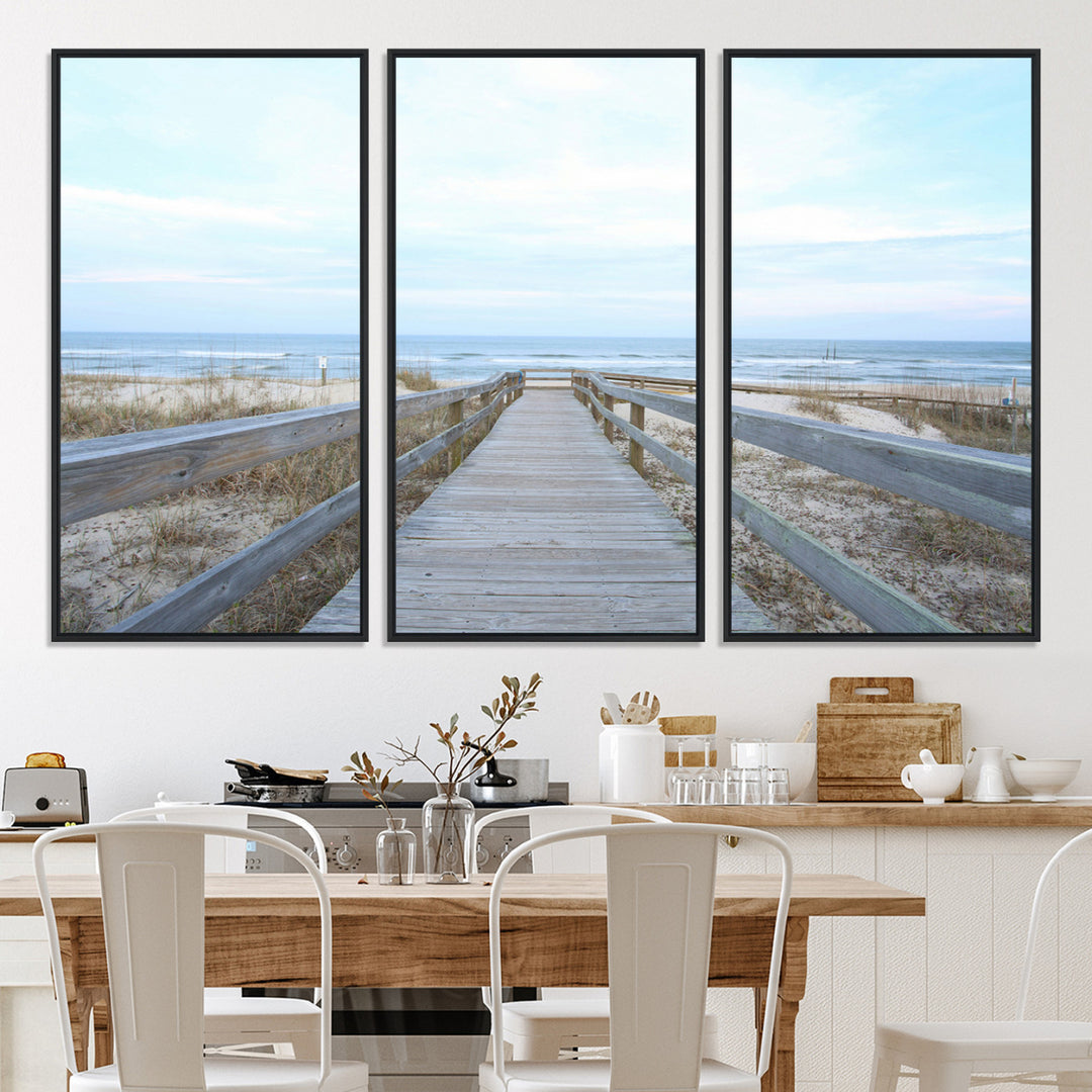 Beach Boardwalk Wall Art Canvas Print, Framed Coastal Serenity Art Picture Print, Ocean View Perfect Coastal Decor Artwork