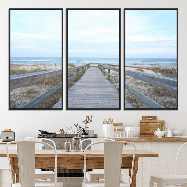 Beach Boardwalk Wall Art Canvas Print, Framed Coastal Serenity Art Picture Print, Ocean View Perfect Coastal Decor Artwork