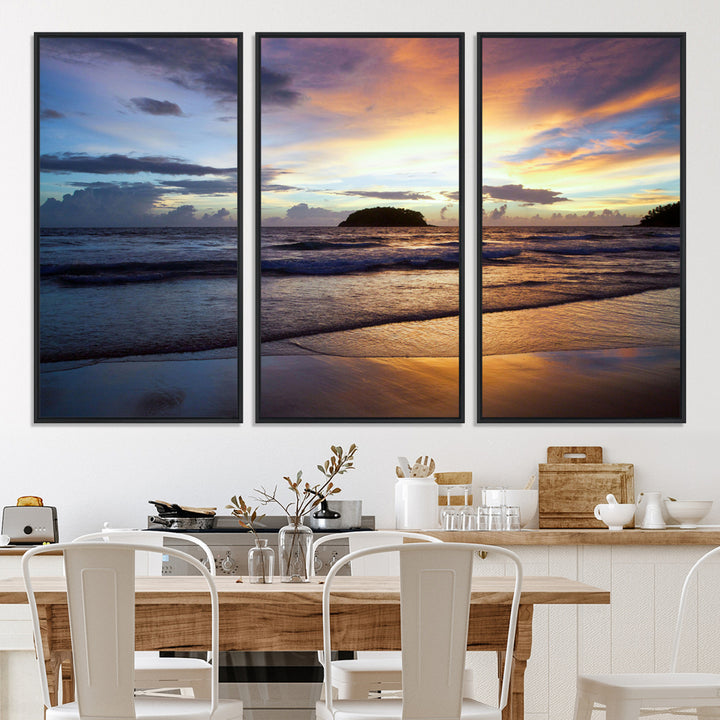 A tropical beach at sunset with waves gently washing ashore, reflecting golden and purple hues in the sky, creating a tranquil coastal scene.