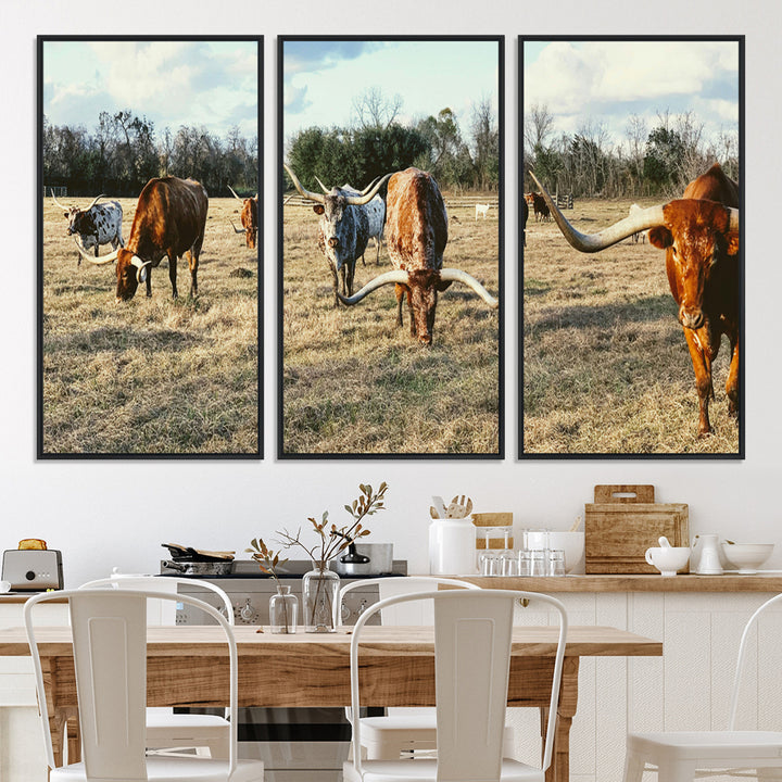 A herd of Texas Longhorn cattle grazing in an open field under a partly cloudy sky, capturing a rustic and Western ranch aesthetic.
