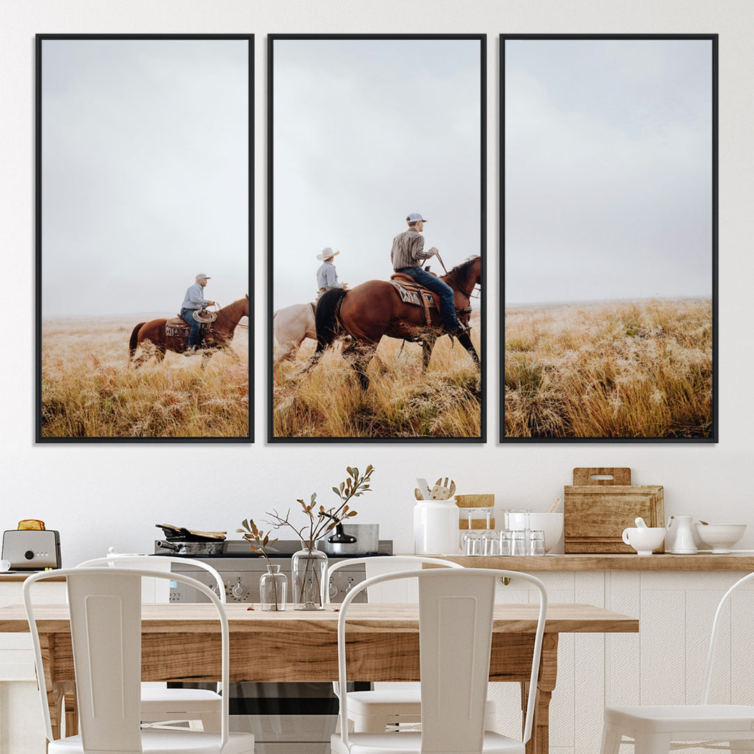 Three cowboys riding horses through a foggy prairie landscape, dressed in Western attire, evoking a rustic and adventurous Wild West aesthetic.
