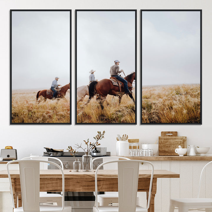 Three cowboys riding horses through a foggy prairie landscape, dressed in Western attire, evoking a rustic and adventurous Wild West aesthetic.