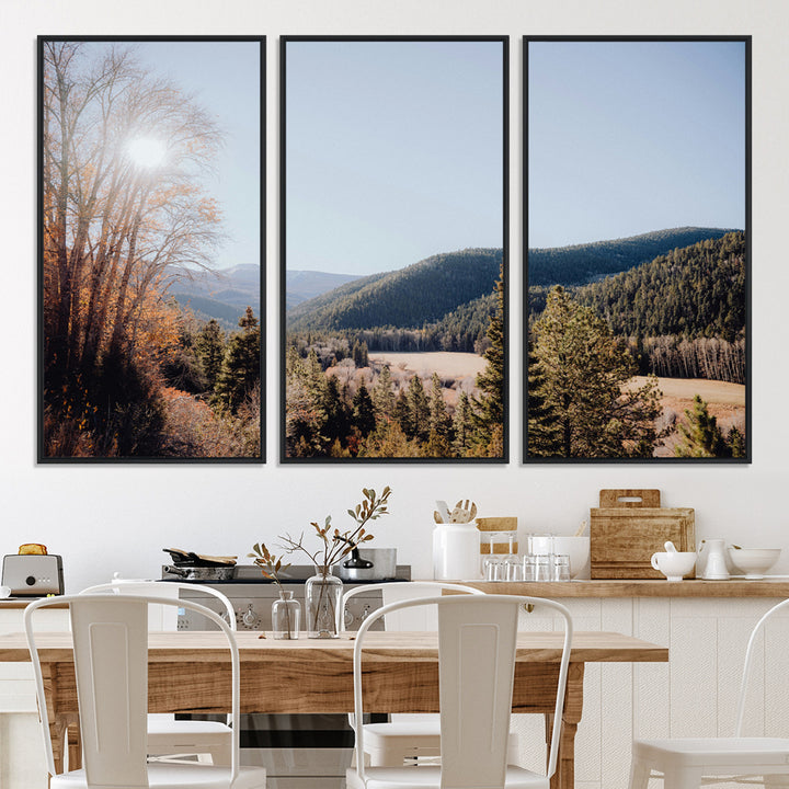 A scenic mountain valley with pine trees and autumn foliage under a clear sky, bathed in golden sunlight, creating a peaceful and rustic landscape.