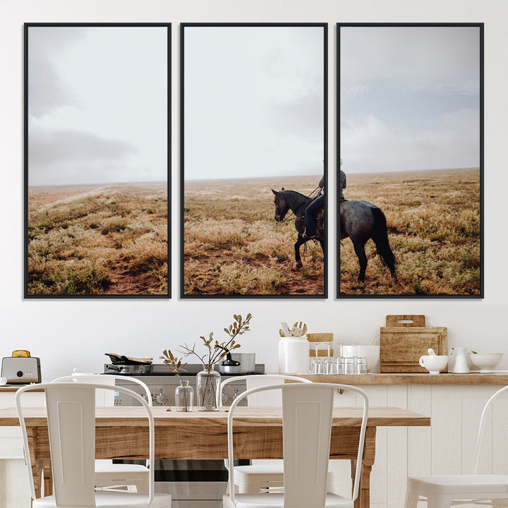 A lone cowboy riding horseback across an open prairie under a vast sky, capturing the rugged and timeless spirit of the Western frontier.