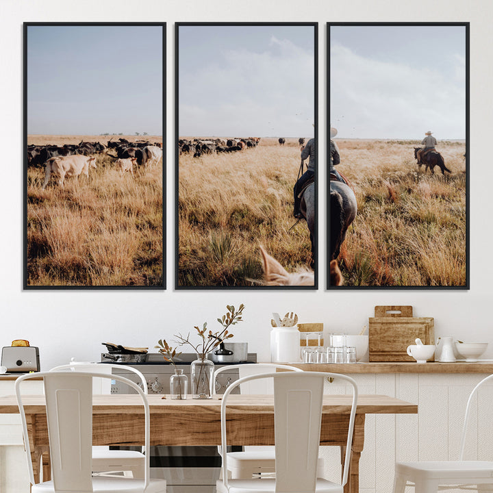 A cowboy and cowgirl on horseback herding cattle through golden grasslands, capturing a rustic and authentic Western ranch lifestyle.
