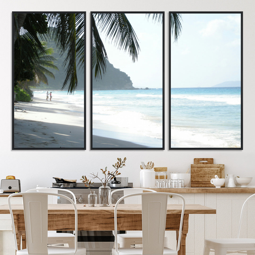 Tropical beach with palm tree shadows, white sand, and turquoise ocean waves, creating a serene and relaxing island escape atmosphere.