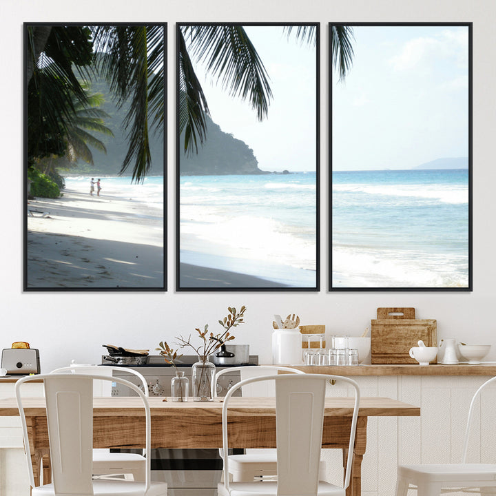 Tropical beach with palm tree shadows, white sand, and turquoise ocean waves, creating a serene and relaxing island escape atmosphere.