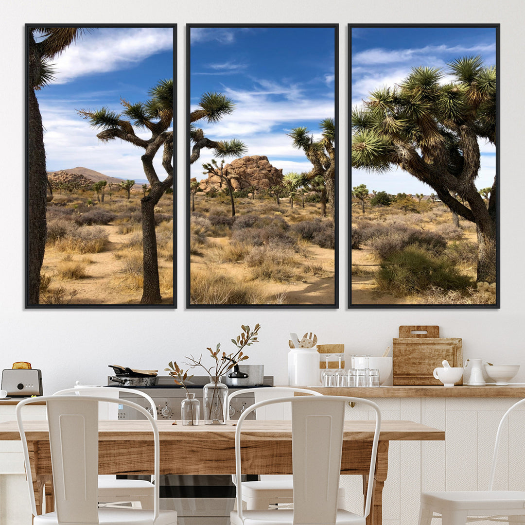 Scenic Joshua Tree landscape with rugged desert terrain, golden dry grass, and a deep blue sky, creating a warm, rustic Southwestern aesthetic.
