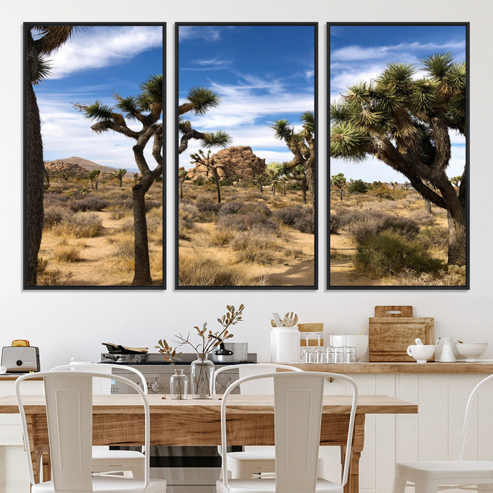 Scenic Joshua Tree landscape with rugged desert terrain, golden dry grass, and a deep blue sky, creating a warm, rustic Southwestern aesthetic.