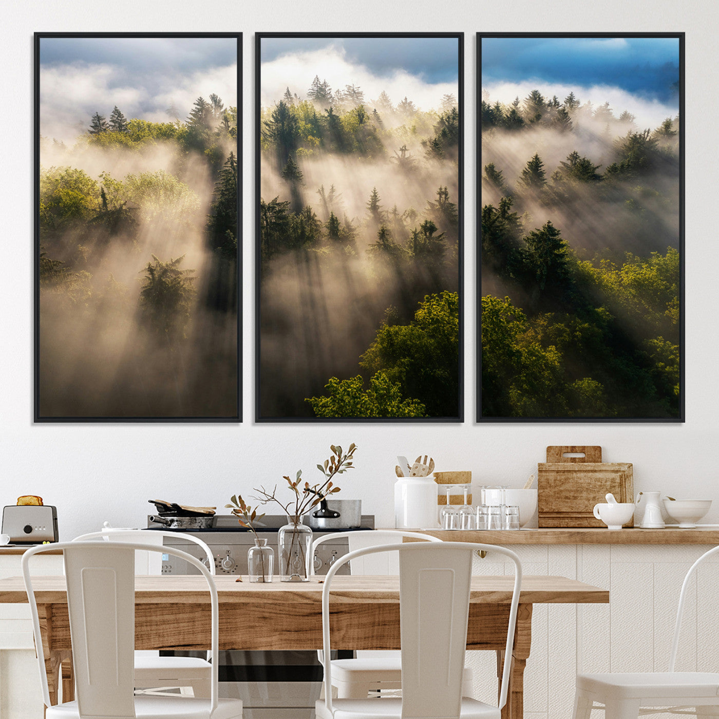 14785710-MGV-CV-36X24-Tranquil Forest Scene Wall Art Canvas Print, Framed Sunbeam Through Trees Art Picture Print, Moody Green Wall Art Perfect Scandinavian
