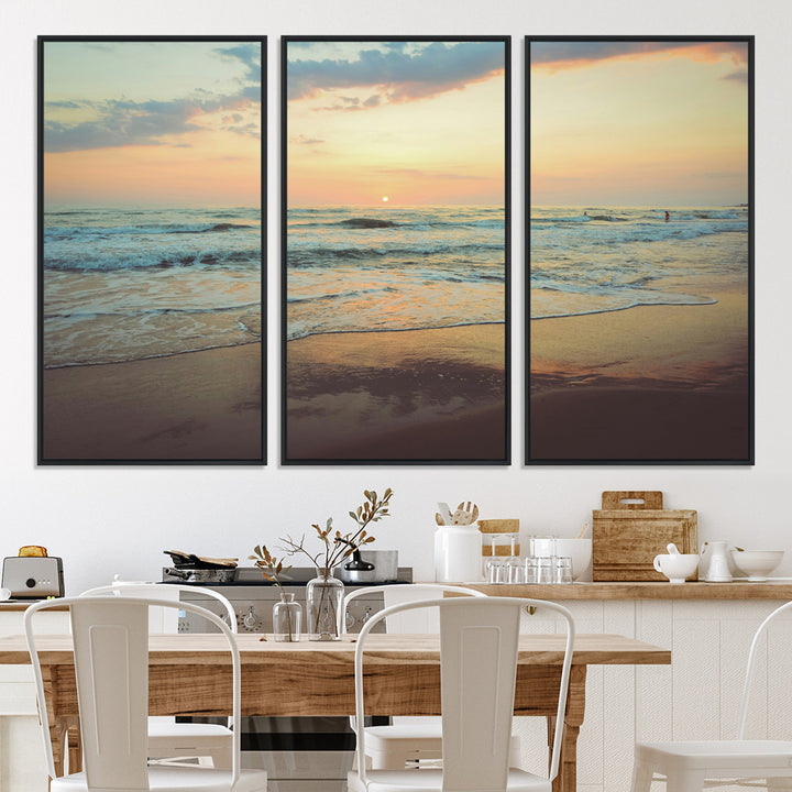 Warm sunset over gentle ocean waves with pastel sky and reflections on wet sand, creating a calm and soothing beach ambiance.