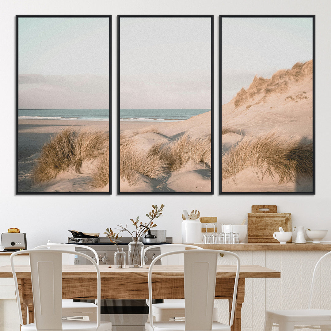 Soft pastel-toned beach scene with sand dunes, windswept grasses, and a calm ocean horizon, creating a serene coastal atmosphere.