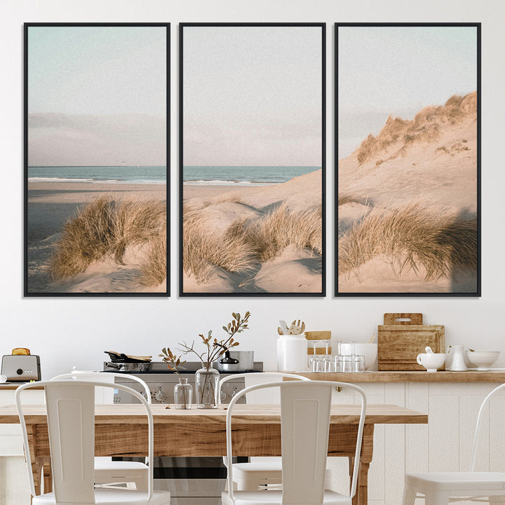 Soft pastel-toned beach scene with sand dunes, windswept grasses, and a calm ocean horizon, creating a serene coastal atmosphere.