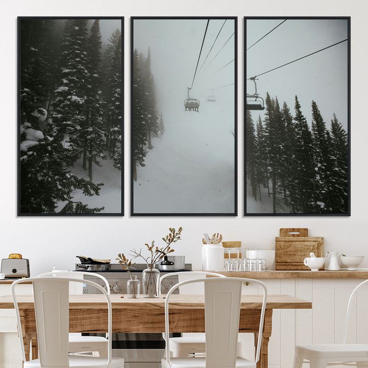 Ski Lift Wall Art Canvas Print, Framed Snowy Pines Art Picture Print, Misty Landscape Perfect Winter Serenity Decor Artwork