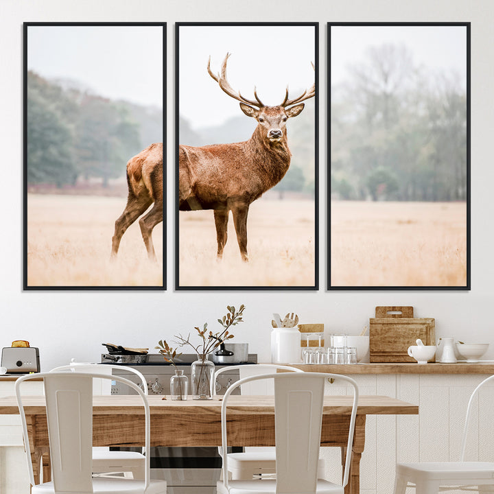 Vintage Wildlife Canvas Print, Framed Misty Landscape Art Picture Print, Deer Wall Art Perfect Rustic Wildlife Decor Artwork