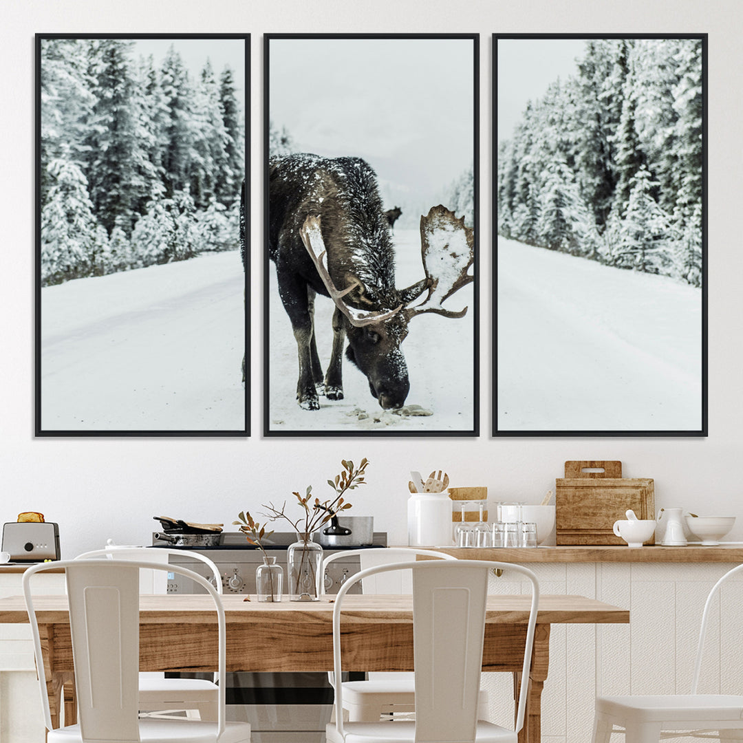 Moose in Snow Wall Art Canvas Print, Framed Winter Wildlife Art Picture Print, Snowy Forest Scene Perfect Rustic Lodge Decor Artwork