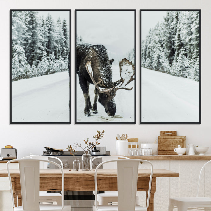 Moose in Snow Wall Art Canvas Print, Framed Winter Wildlife Art Picture Print, Snowy Forest Scene Perfect Rustic Lodge Decor Artwork