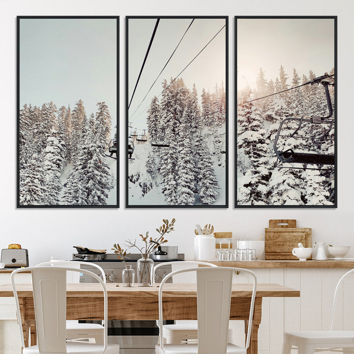 91534512-MGV-CV-36X24-Frosty Pines Wall Art Canvas Print, Framed Cozy Cabin View Art Picture Print, Ski Lift Ride Perfect Rustic Lodge Decor Artwork