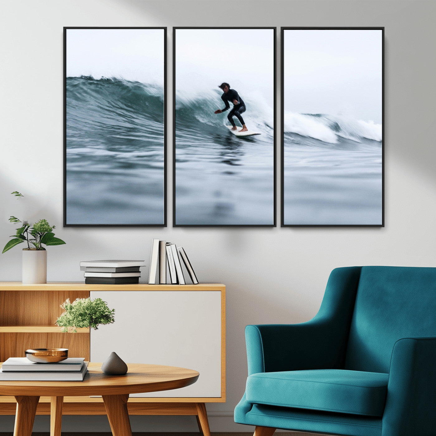 MGV-FC-48X32-3P - Surfer on Wave Wall Art Canvas Print, Framed Ocean Adventure Art Picture Print, Motion Blur Water Perfect Coastal Adventure Decor Artwork