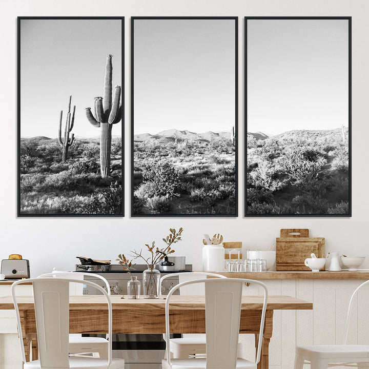 Saguaro Cactus Wall Art Canvas Print, Monochrome Landscape Print, Framed Scenic Arizona Art Print, Large Timeless Western Aesthetic Printing