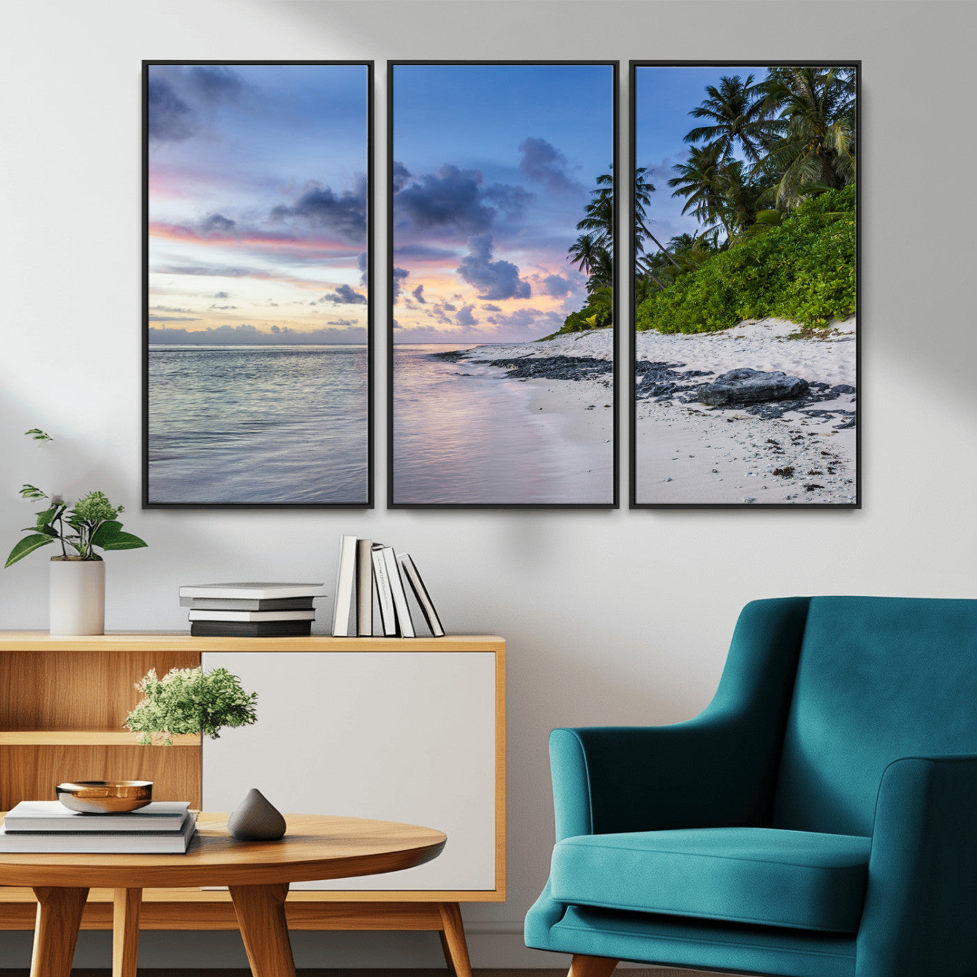 MGV-FC-48X32-3P - Tropical Beach Wall Art Canvas Print, Framed Sunset Glow Art Picture Print, Palm Tree Coast Perfect Tropical Coastal Decor Artwork