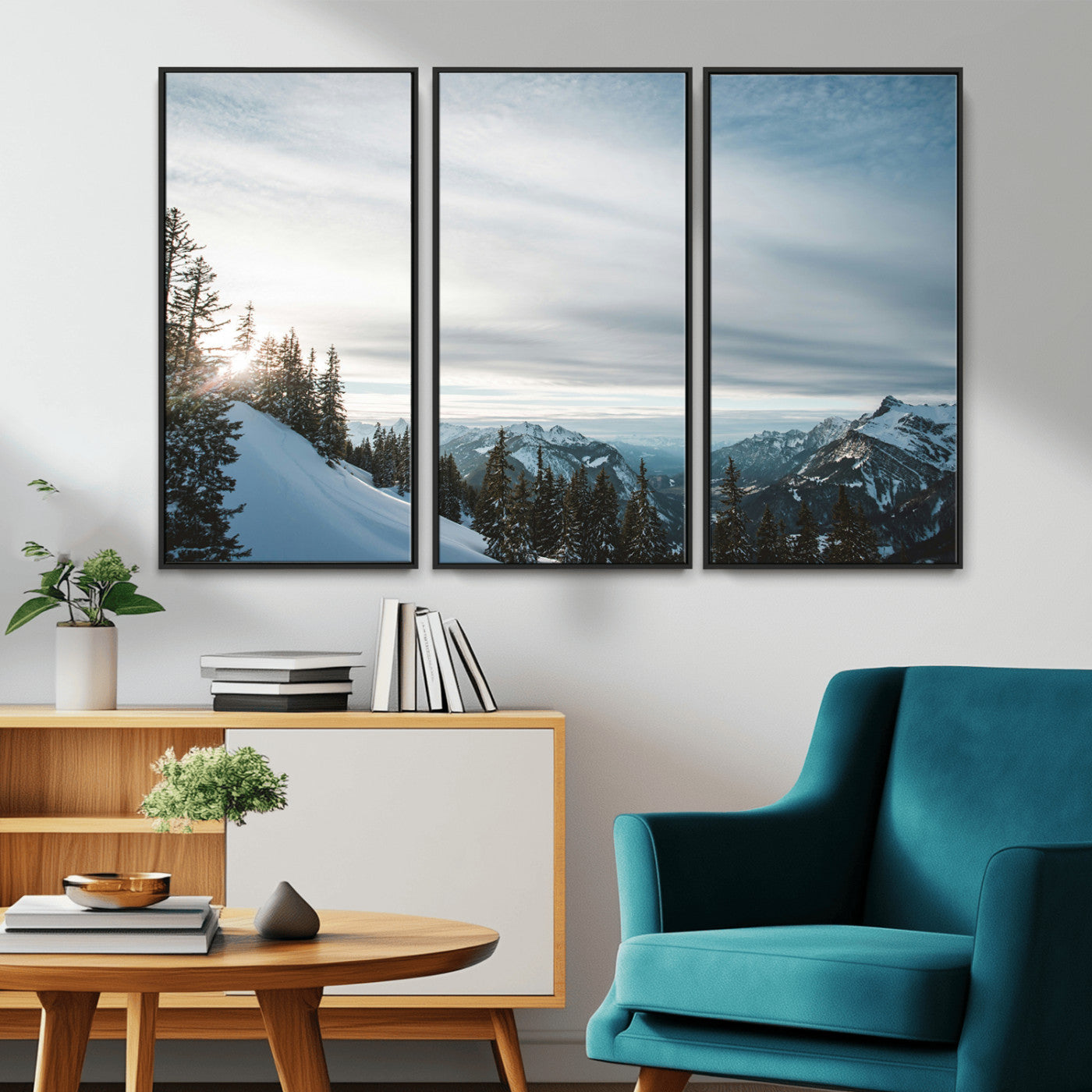 MGV-FC-48X32-3P - Snowy Mountains Wall Art Canvas Print, Framed Alpine Landscape Art Picture Print, Frosty Peaks Perfect Nordic Minimalist Decor Artwork