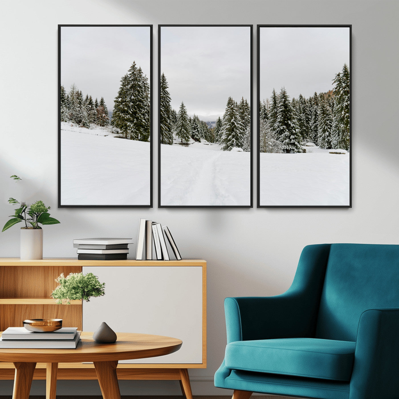 MGV-FC-48X32-3P - Frosty Pines Wall Art Canvas Print, Framed Silent Snowfall Art Picture Print, Cozy Cabin Vibes Perfect Nordic Minimalist Decor Artwork