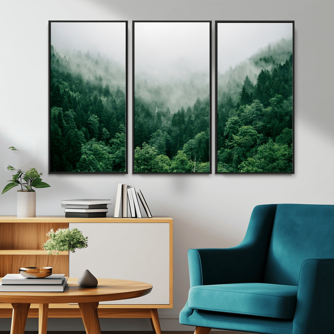 MGV-FC-48X32-3P - Misty Green Forest Canvas Print – Serene Foggy Pine Landscape Wall Art, Tranquil Nature Decor for