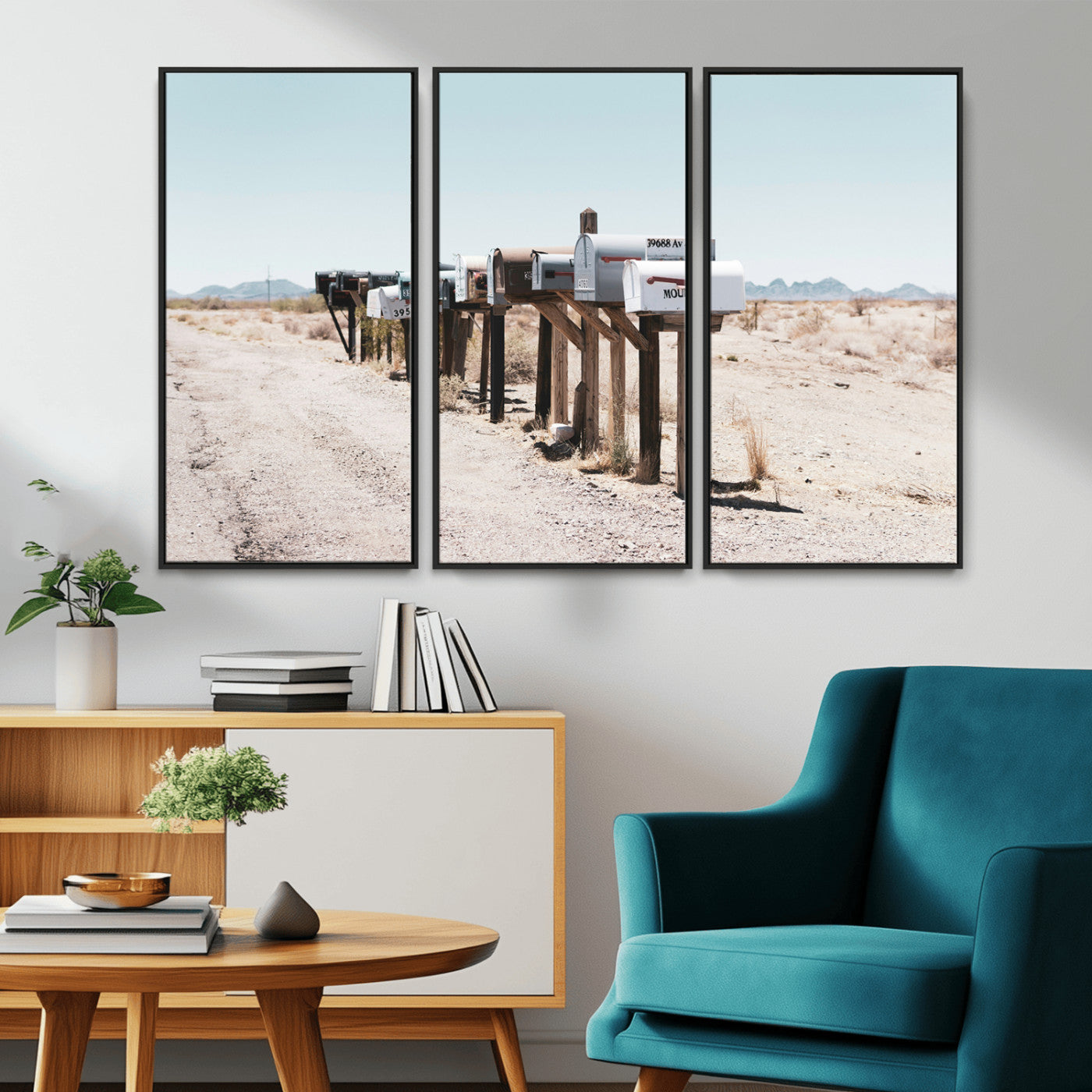 MGV-FC-48X32-3P - Desert Mailboxes Canvas Print – Minimal Western Landscape Photography, Rustic Americana Wall Art for