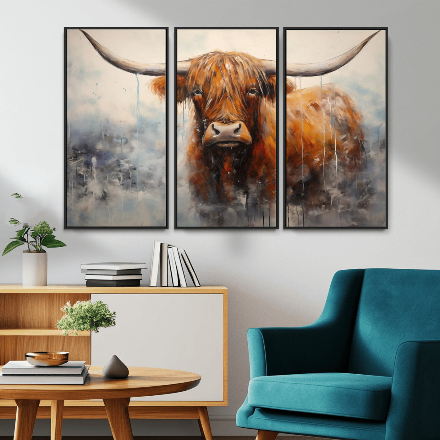 MGV-FC-48X32-3P - Scottish Highland Wall Art Canvas Print, Framed Longhorn Art Picture Print, Western Cow Perfect Farmhouse Decor Artwork