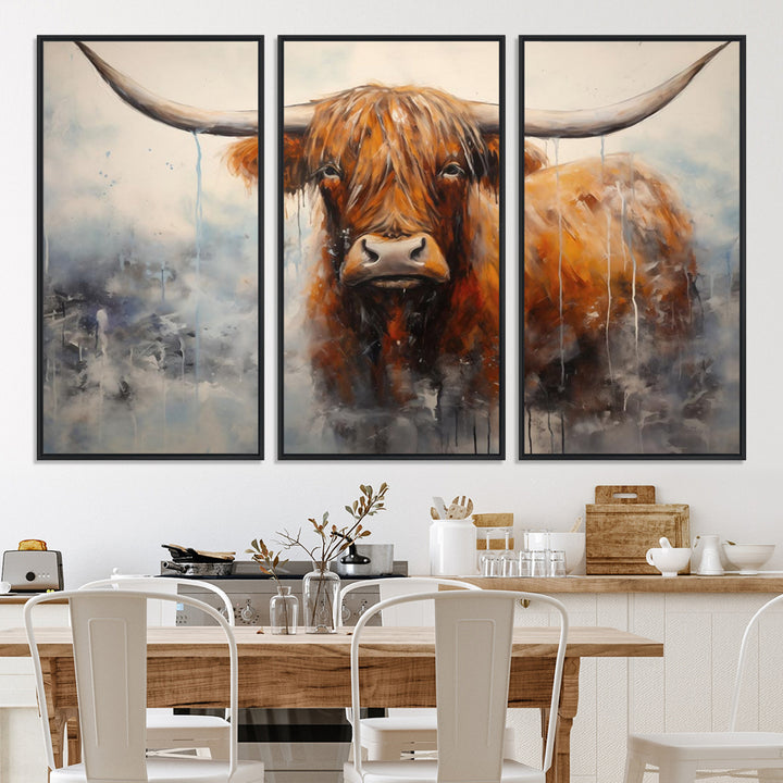 Scottish Highland Wall Art Canvas Print, Framed Longhorn Art Picture Print, Western Cow Perfect Farmhouse Decor Artwork