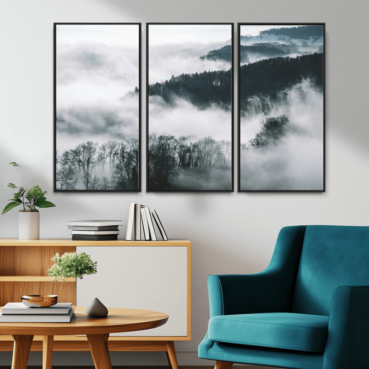67569654-MGV-CV-36X24-Foggy Forest Landscape Wall Art Canvas Print – Misty Mountain Valley Scene in Monochrome Tones, Perfect for Minimalist or Nordic Home Decor