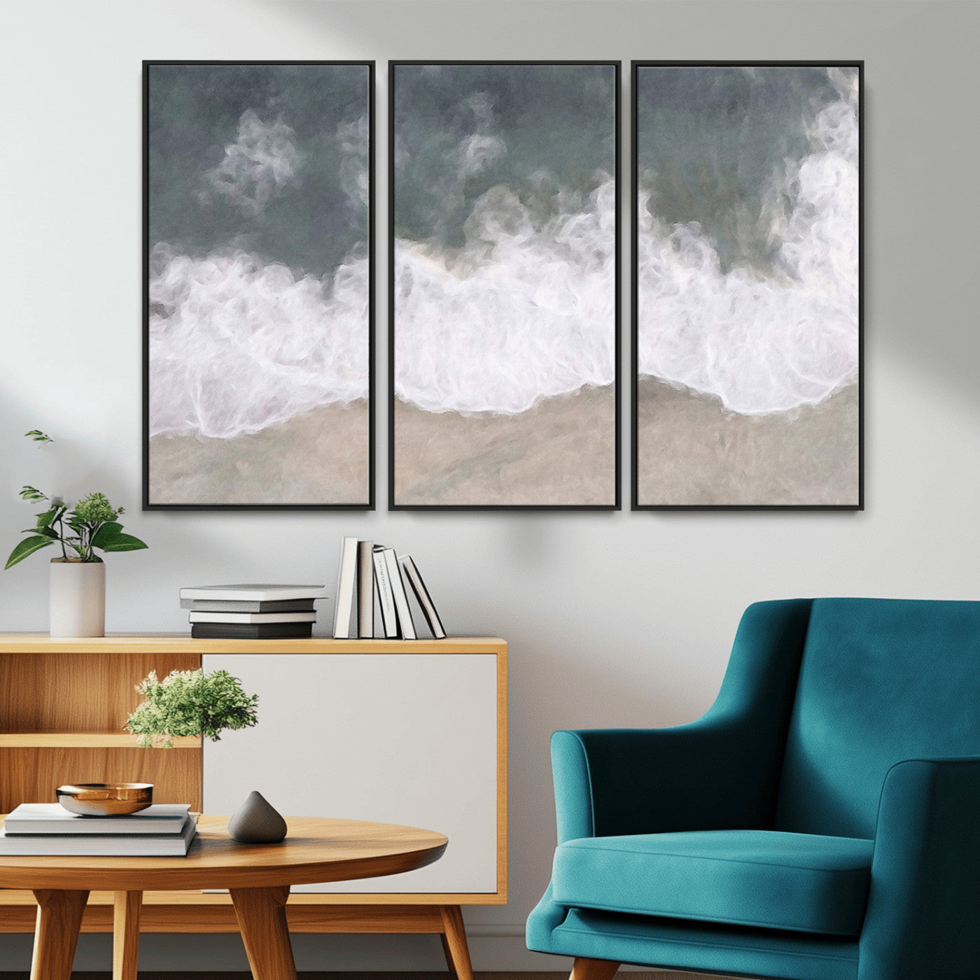 Wall art canvas print featuring foamy ocean waves softly rolling onto a sandy shore with a dreamy, painterly texture.