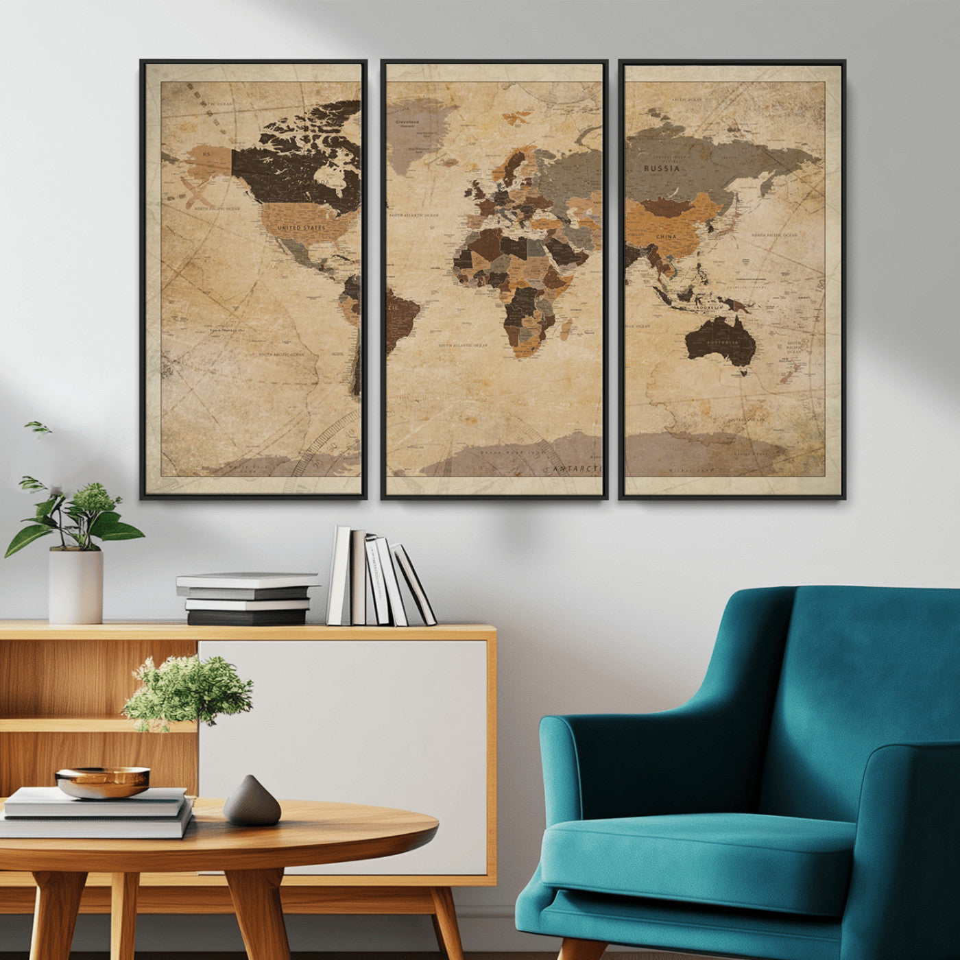 Vintage-style world map with muted brown, beige, and sepia tones, showing countries and continents with a weathered paper texture background.