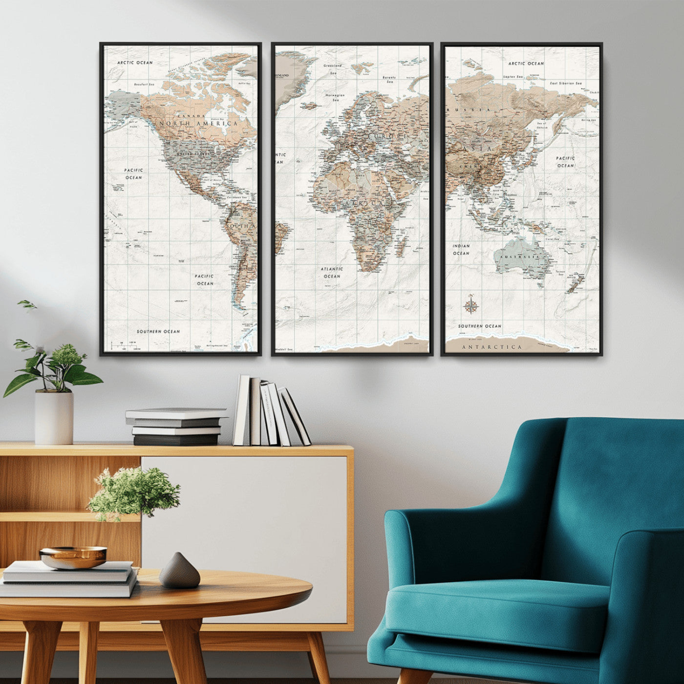 Vintage world map with detailed country borders and labels, featuring soft earthy tones of beige, brown, and gray on a textured parchment background, including oceans, continents, and major cities.