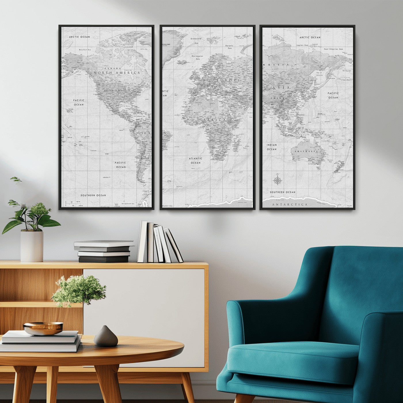 Grayscale vintage world map with detailed country borders, oceans, continents, and major cities on a textured parchment background.