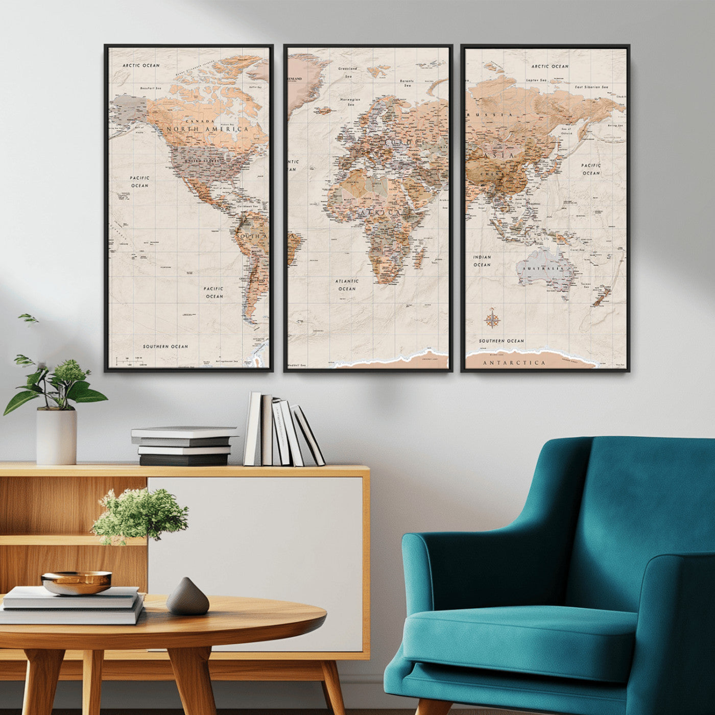 Detailed vintage world map with warm earth tones showing country borders, oceans, continents, and major cities, styled with a textured parchment background.