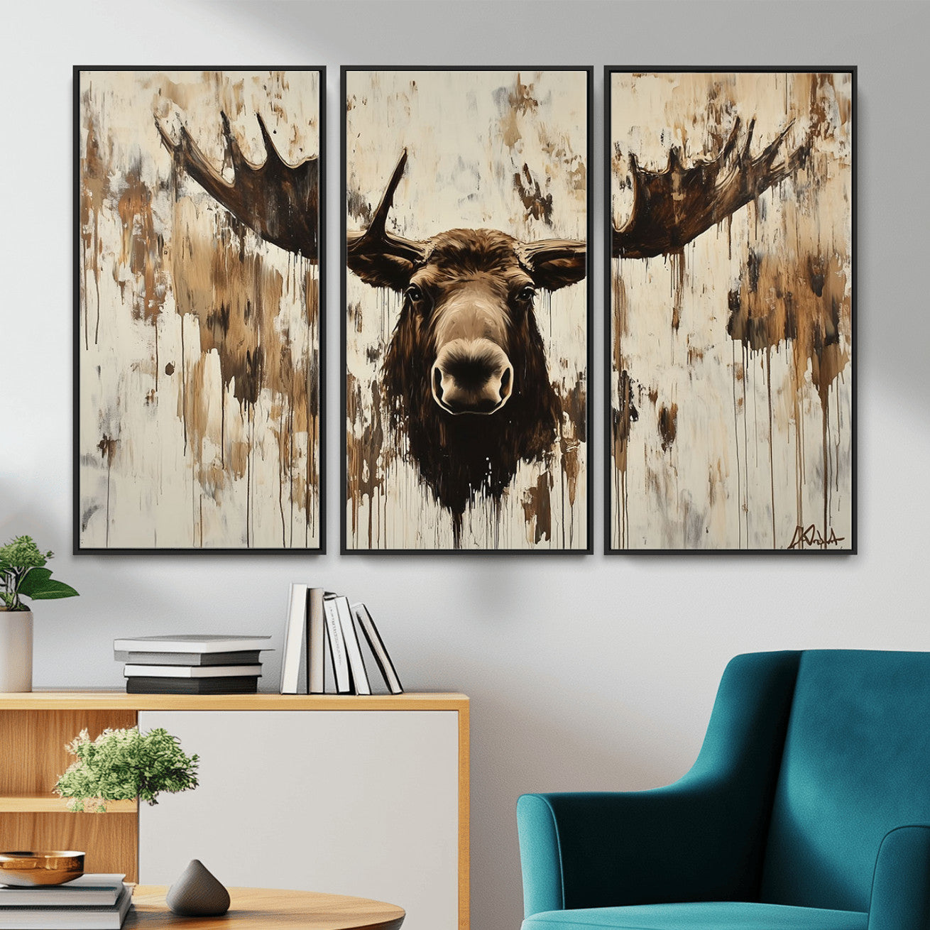 34496536-MGV-CV-36X24 - Powerful Moose Portrait Wall Art – Rich Earthy Tones, Expressive Brushstrokes, Striking Gaze, Raw Nature Vibes Decor for Home or Office