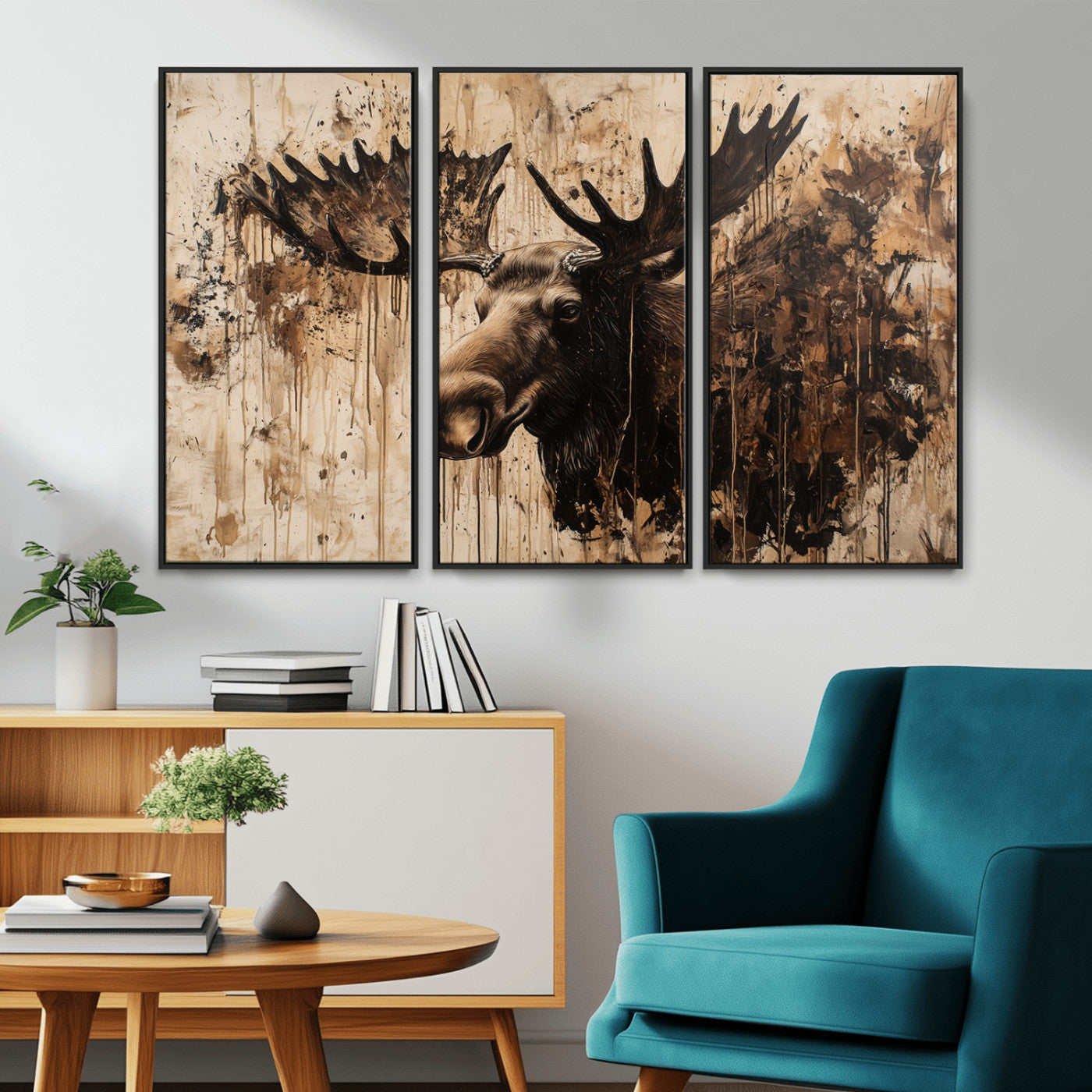 Artistic painting of a moose head with large antlers in shades of brown and black, with paint splatters and drips on a beige textured background, creating a rustic and expressive wall art canvas.
