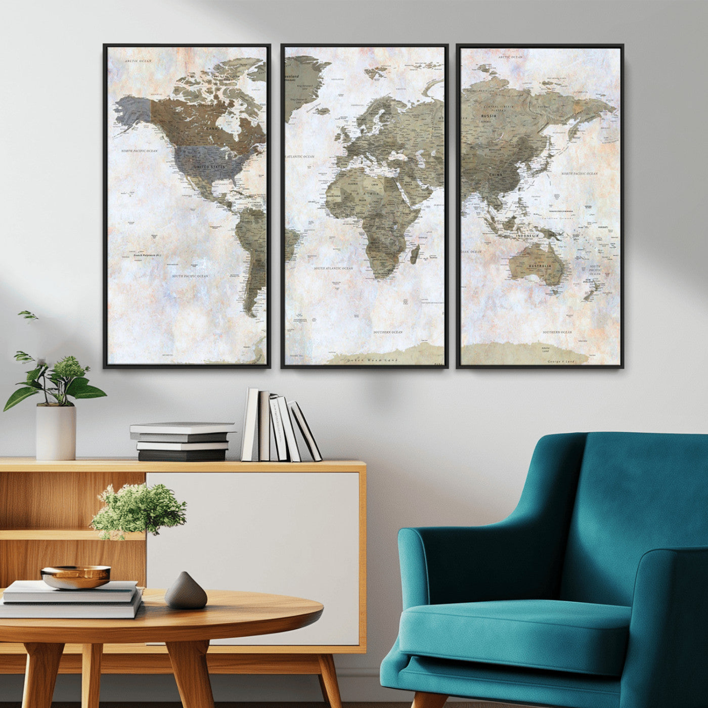 World map printed on a textured canvas with soft muted earth tones and a weathered background, showing detailed countries and continents, perfect for vintage-style wall art.