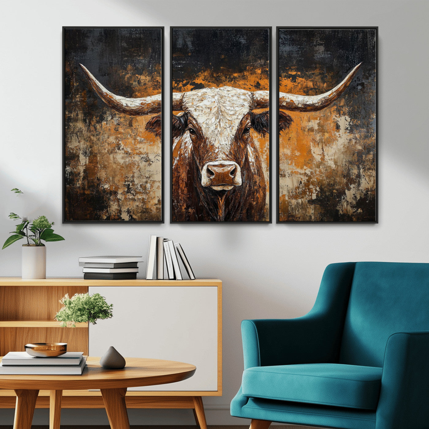 25265572-MGV-CV-36X24-Rustic Longhorn Bull Wall Art Canvas Print – Vintage Western Cattle Painting, Texas Steer Artwork for Ranch, Farmhouse or Cowboy Decor