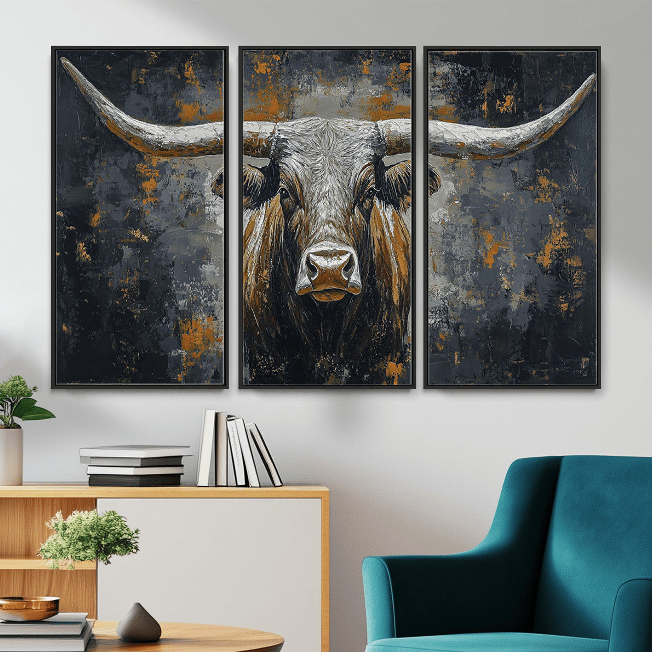 73972561-MGV-CV-36X24 - Bold Bull Wall Art Canvas – Striking Portrait with Wide Horns and Rich Brown Hues, Rustic Farmhouse and Western Decor for Home Room
