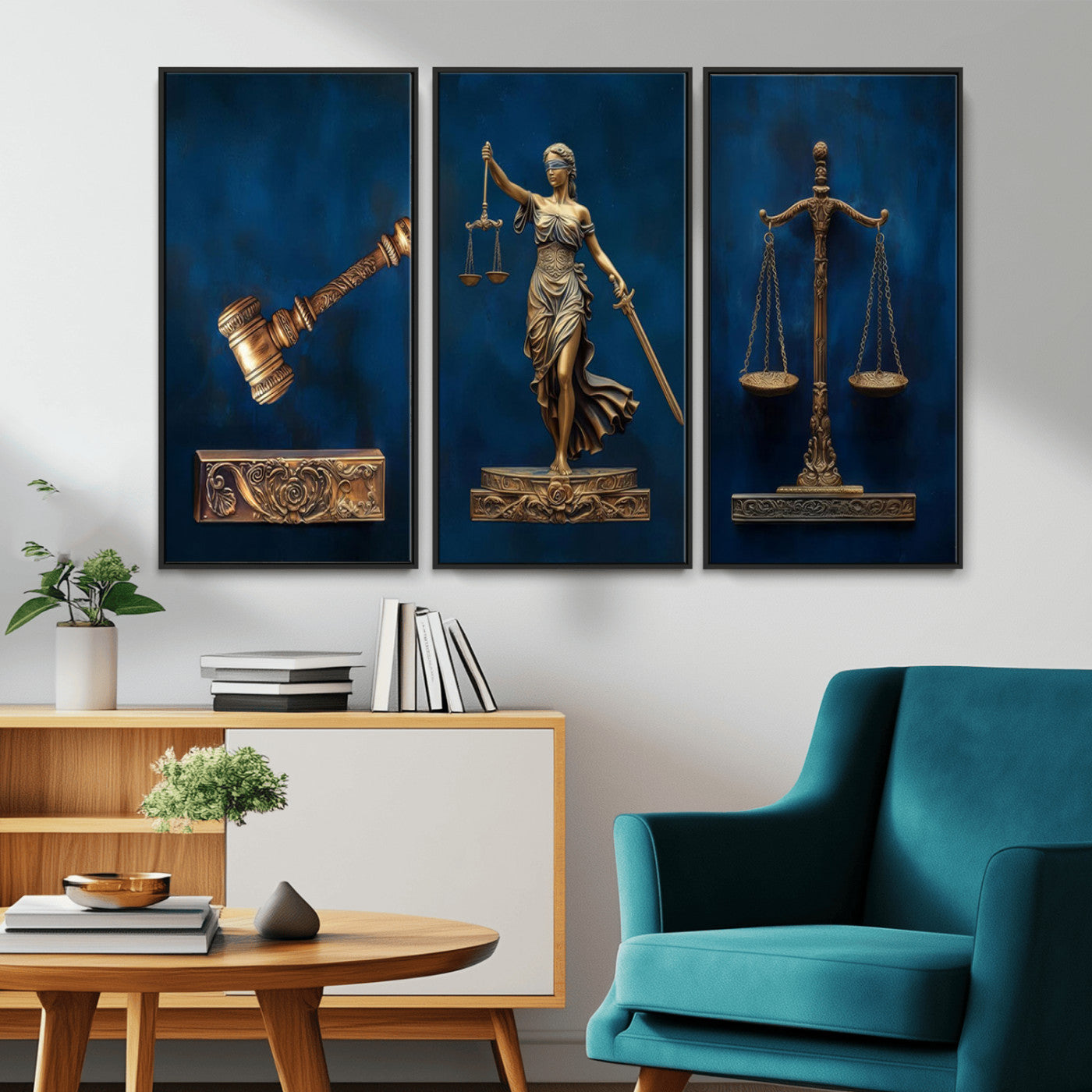 MGV-FC-48X32-3P - Lady Justice Wall Art Canvas Print – Elegant Gold Legal Symbols on Blue Background, Perfect for Law