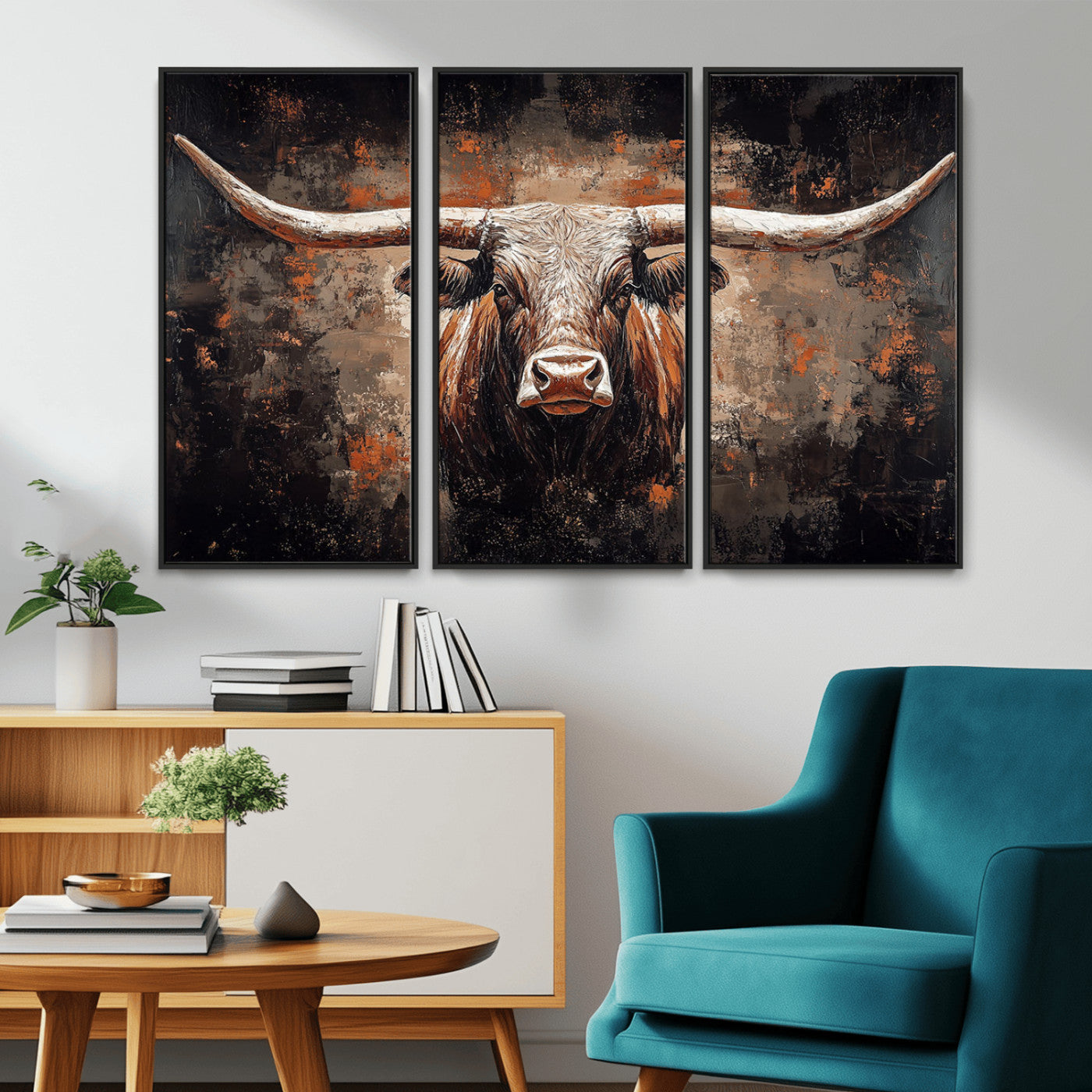 Rustic Longhorn Bull Wall Art Canvas Print – Vintage Western Cattle Painting, Texas Steer Artwork for Ranch, Farmhouse or Cowboy Decor
