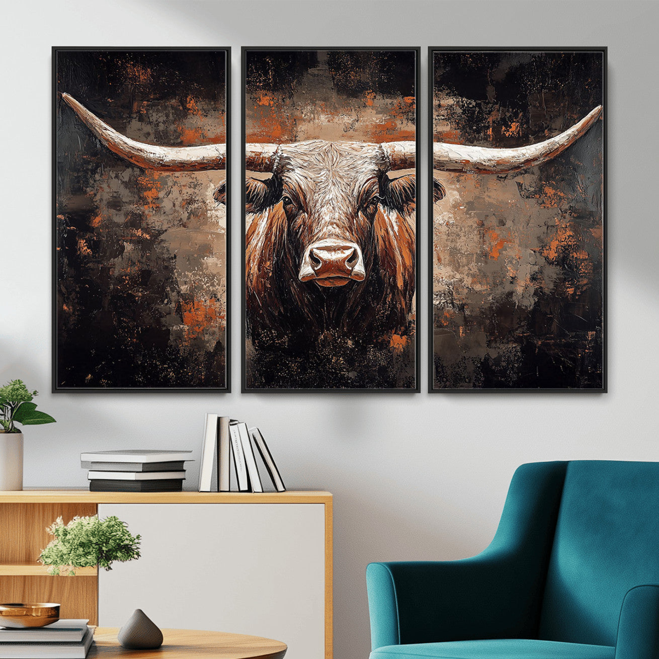 24779067-MGV-CV-36X24 - Rustic Longhorn Bull Wall Art Canvas Print – Vintage Western Cattle Painting, Texas Steer Artwork