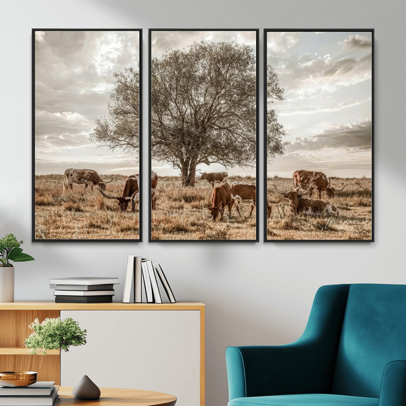 87590224-MGV-CV-36X24 - Texas Longhorn Cattle Wall Art Canvas Print – Rustic Western Ranch Scene with Steers at Sunset, Perfect for Farmhouse or Cowboy Decor