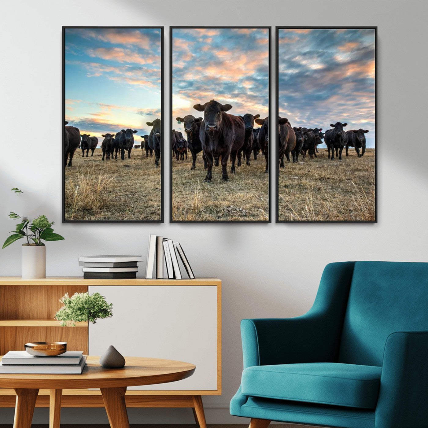 13867292-MGV-CV-36X24-Texas Longhorn Cattle Wall Art Canvas Print – Rustic Western Ranch Scene with Steers at Sunset, Perfect for Farmhouse or Cowboy Decor