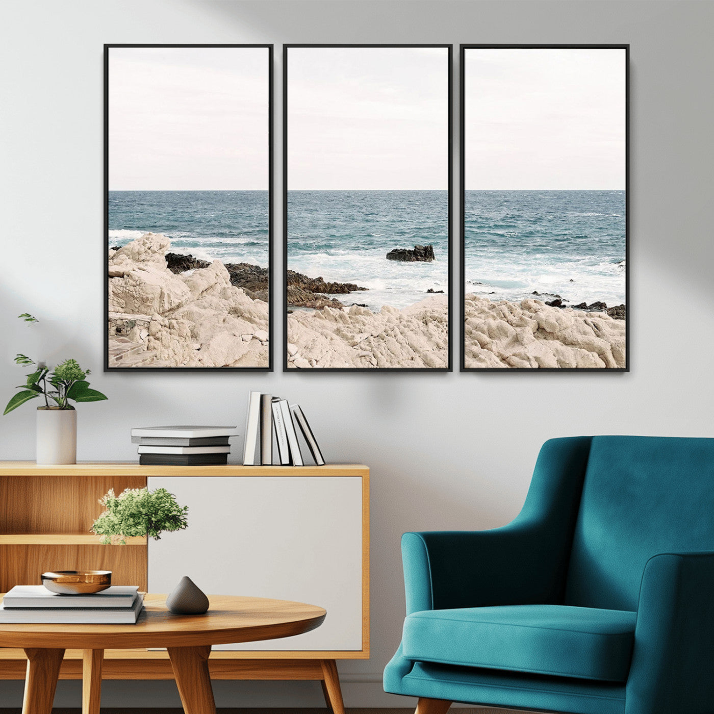 25481980-MGV-CV-36X24-Coastal Ocean View Wall Art Canvas Print – Serene Rocky Shoreline and Blue Sea Photography for Coastal Chic or Minimalist Home Decor